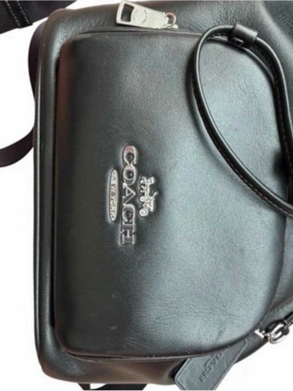 Coach Black Leather Drawstring Backpack with Front Zip Compartment